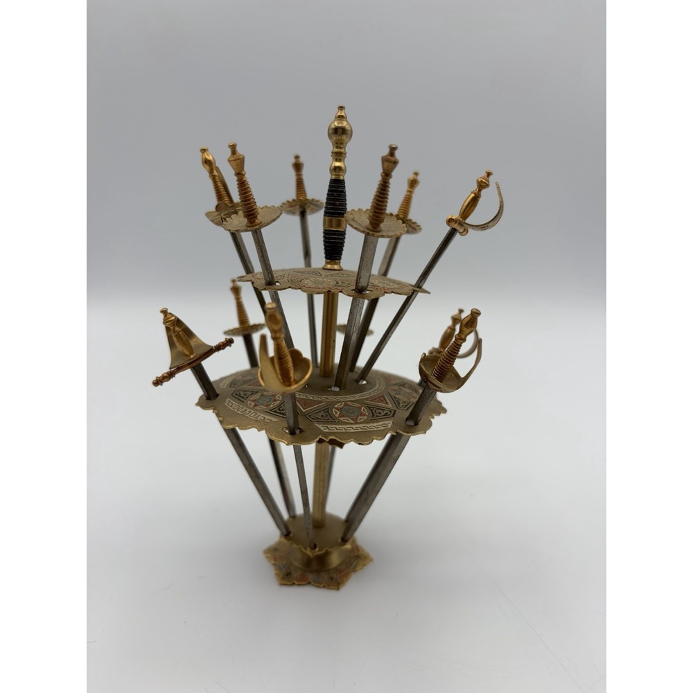 Vintage Toledo Spain Appetizer Swords Set of 12 Brass Cocktail Picks Stand